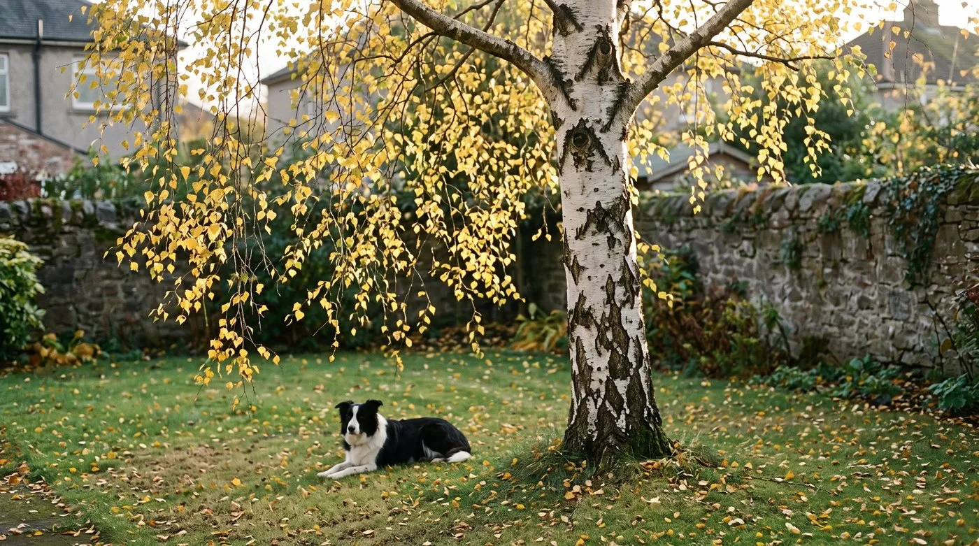 Silver birch with bright yellow autumn leaves and white bark above a dog on a lawn in a Scottish garden