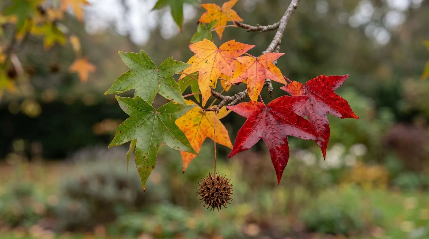 Sweetgum branch with star-shaped autumn leaves in green, yellow, orange and crimson at once