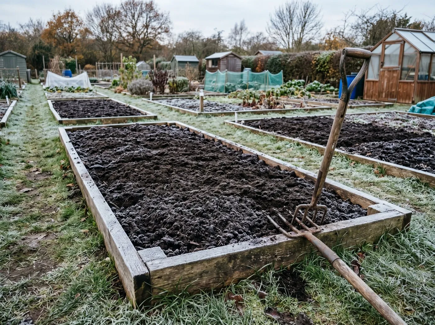 UK garden bed in late autumn covered with a thick layer of dark mature compost as mulch, fork resting at the edge, frost dusting on the surface, surrounding beds visible in the same state