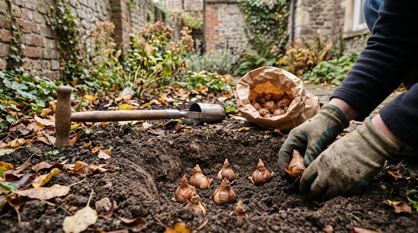Gloved hands setting daffodil bulbs pointed end up in a deep planting hole in an autumn border