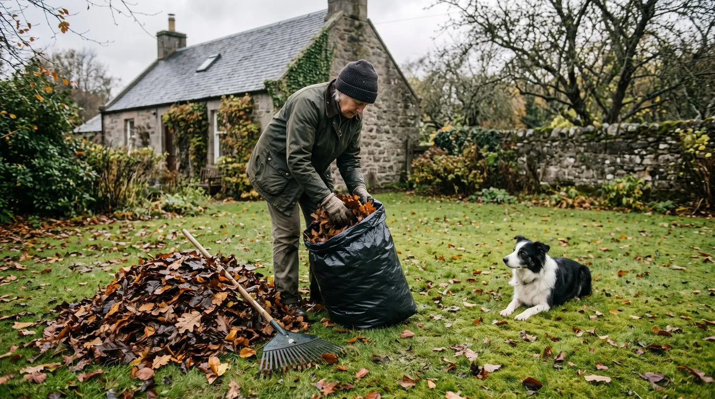 Older woman filling a bin bag with fallen leaves to make leaf mould while a collie watches