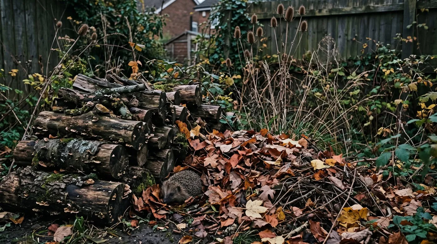 Hedgehog tucked into fallen leaves beside a log pile in a quiet garden corner
