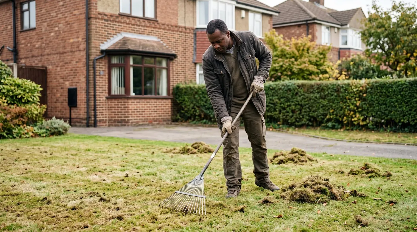 Man raking moss and thatch out of a lawn with a spring-tine rake in September