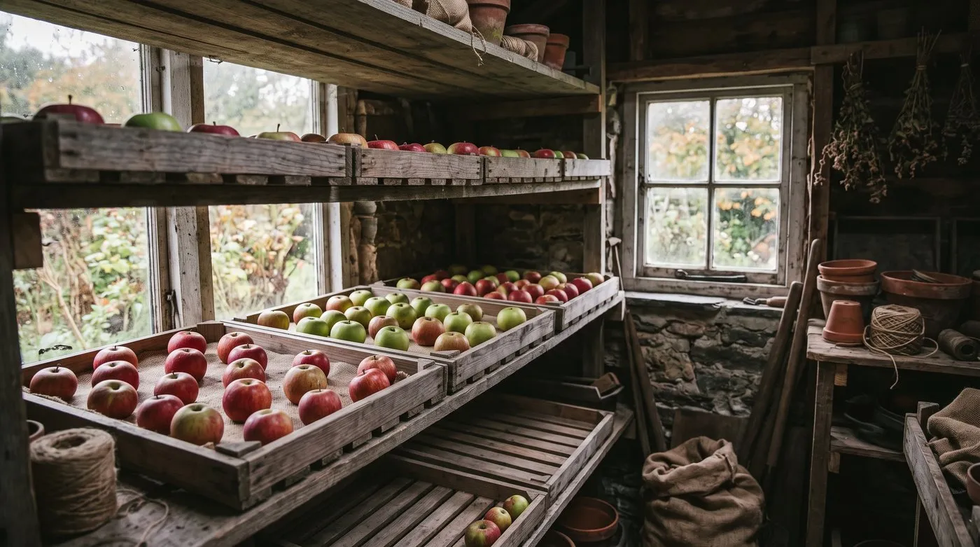 Apples stored in single layers in slatted wooden trays on a shed shelf