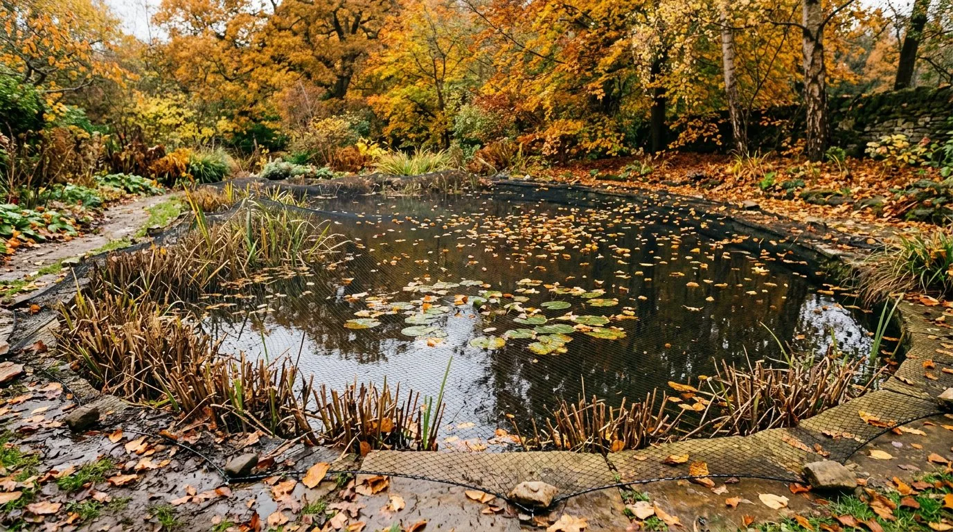 UK garden pond in autumn with golden leaves, cut-back marginal plants, and fine netting stretched over the surface