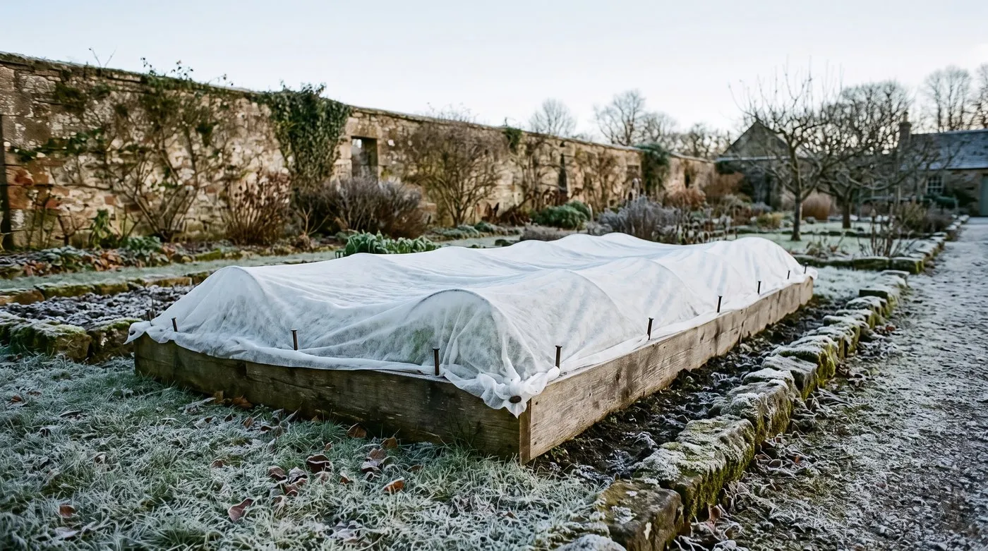 A row of autumn onion sets under white horticultural fleece pegged over a raised bed in a frosty Scottish garden