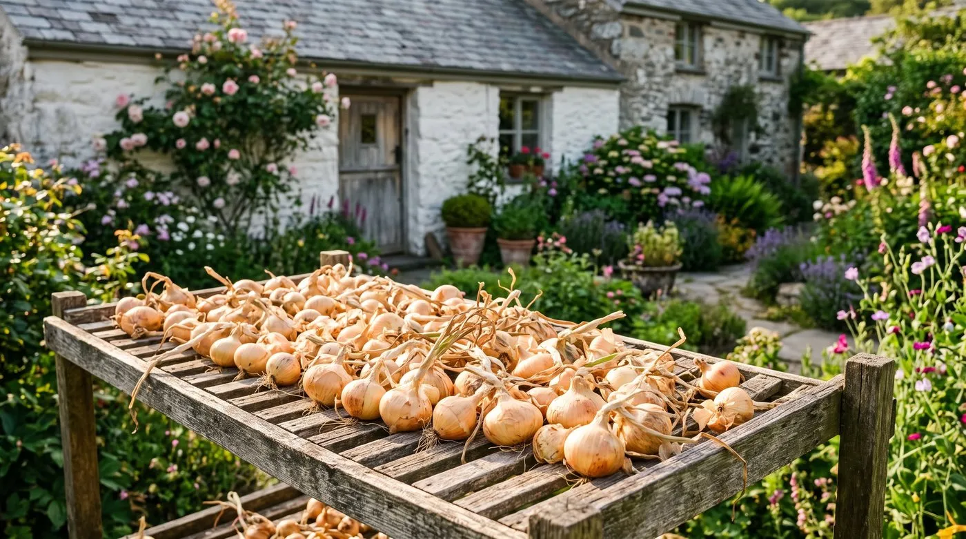 Freshly lifted autumn onions drying on a wooden rack outside a Welsh cottage with papery golden skins