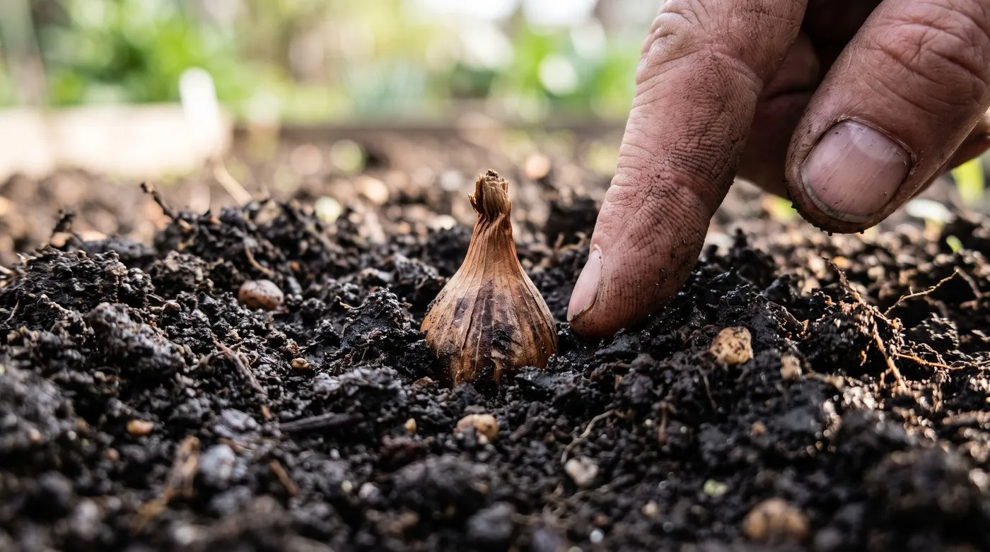 Close-up of a gardener firming an autumn onion set into soil with the papery tip left just visible above the surface