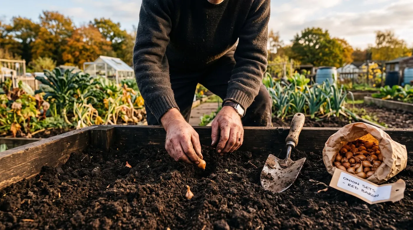 Autumn onion sets being pushed into a prepared raised bed on a bright October afternoon in a Midlands kitchen garden