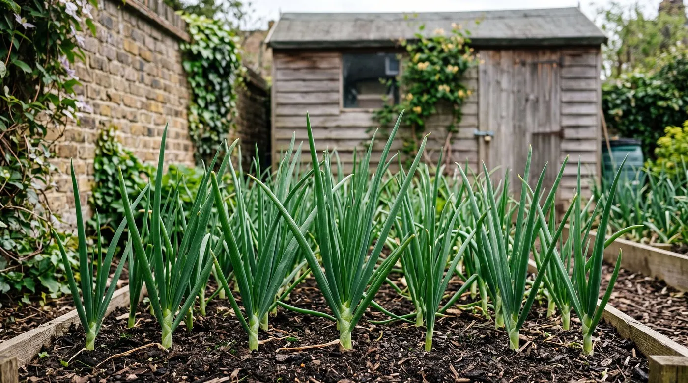 Overwintered onions bulking up fast in spring with strong upright green leaves in a suburban London vegetable bed