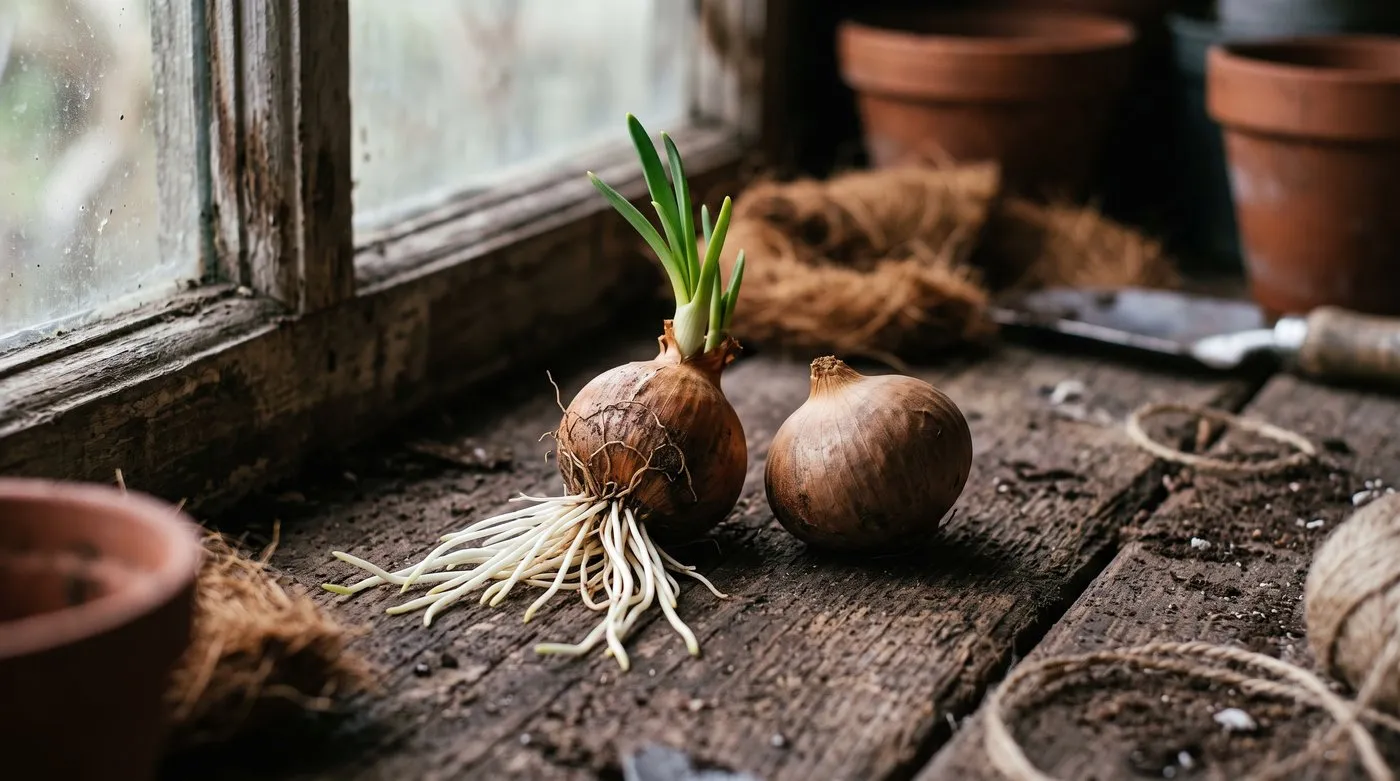 Diagram-style comparison of an autumn-planted onion set beside a spring-planted set showing the earlier autumn root growth
