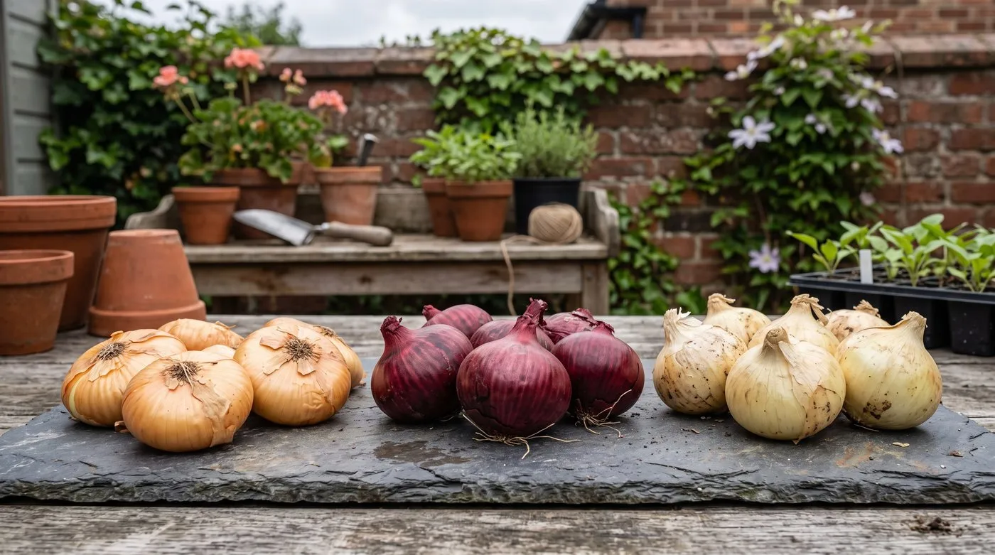 Three overwintering onion varieties laid out side by side showing yellow Senshyu, red Electric and round Autumn Champion bulbs