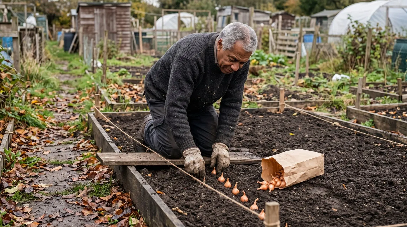 Older man kneeling on a board beside a garden line, setting out onion sets in a raised allotment bed in October