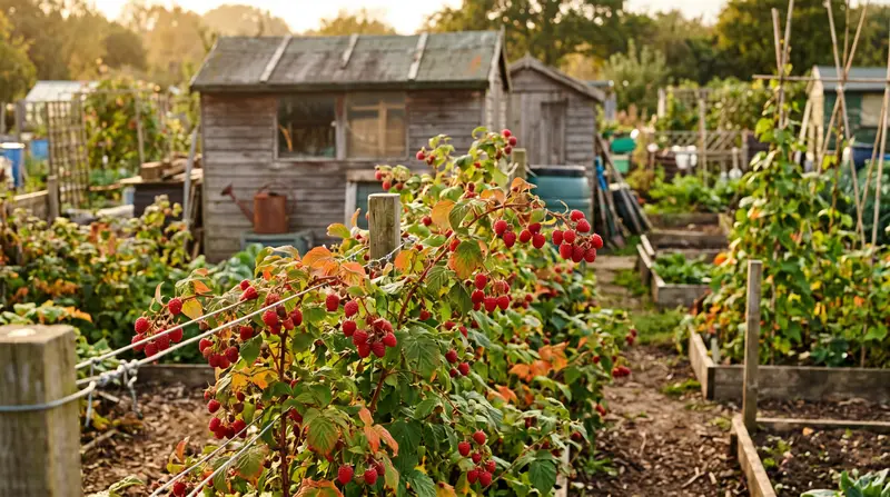 Heavy-cropping autumn fruiting raspberry row laden with red fruit on a UK allotment in October