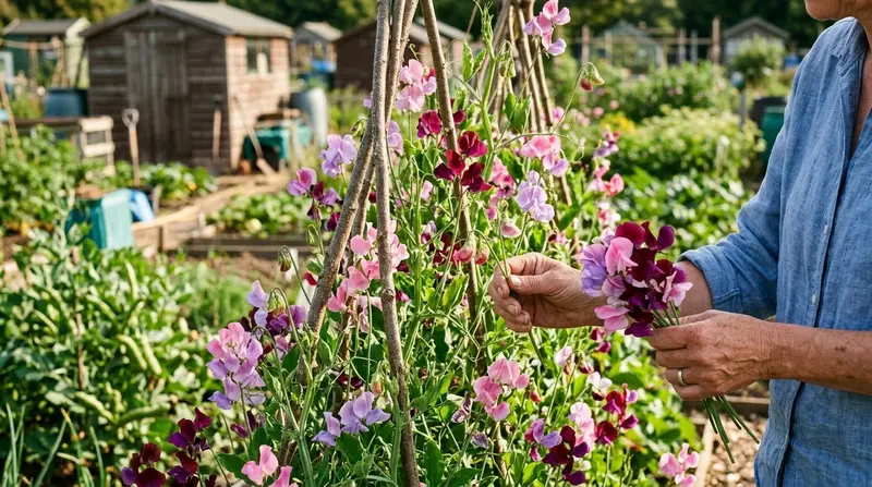 Sweet peas in full scented bloom climbing a hazel wigwam on a UK allotment in June, with a hand picking a bunch