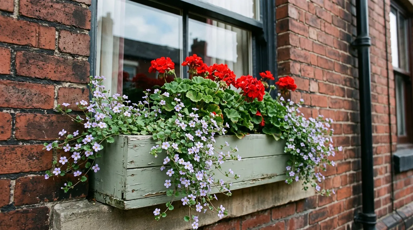 Window box on a brick terraced house with red geraniums and lilac-blue bacopa trailing over the front