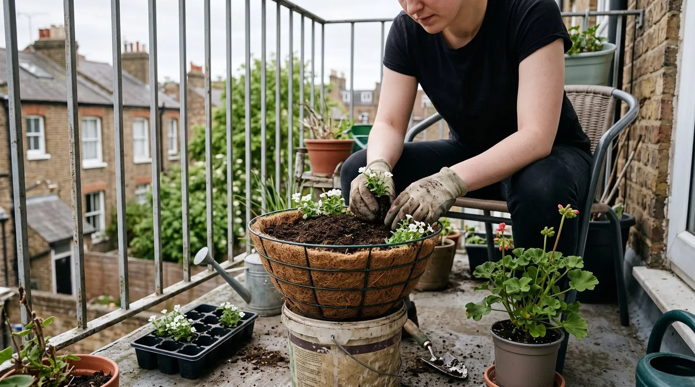 Gloved hands planting white bacopa plug plants round the edge of a hanging basket on a balcony