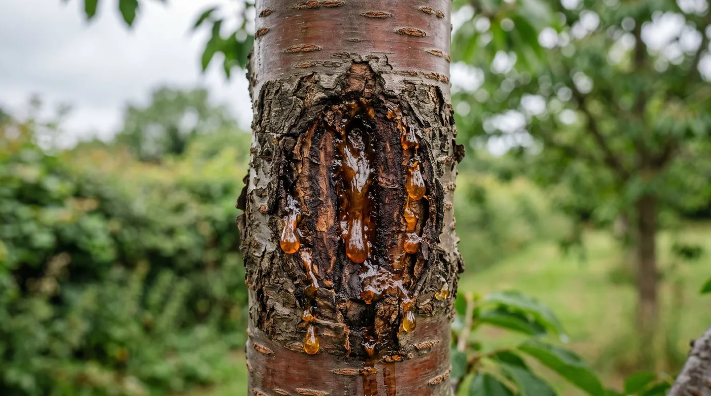 Amber gum oozing from a sunken bacterial canker lesion on the bark of a UK cherry tree