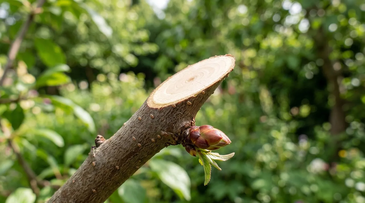 A clean summer pruning cut on a plum branch sealing naturally without wound paint