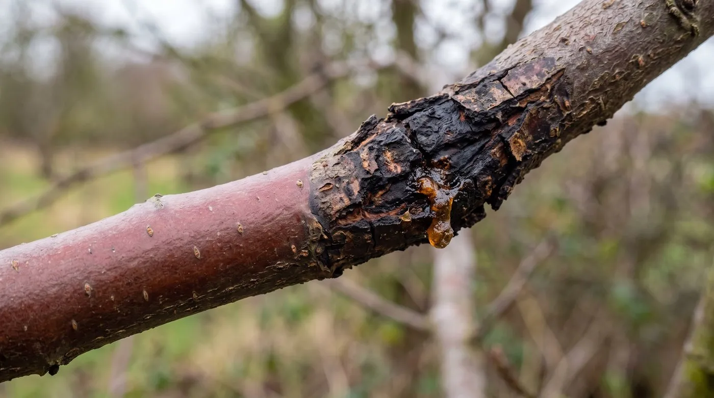 A close-up comparison of healthy smooth plum bark beside a sunken cracked bacterial canker lesion on the same branch