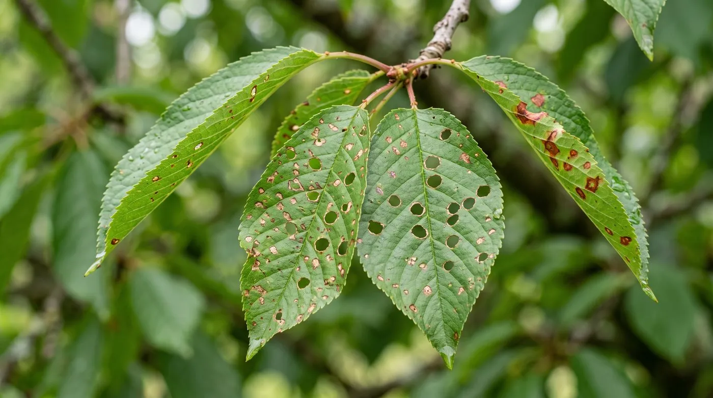 Cherry leaves showing the round shot-hole pattern of bacterial canker where infected brown spots have dropped out