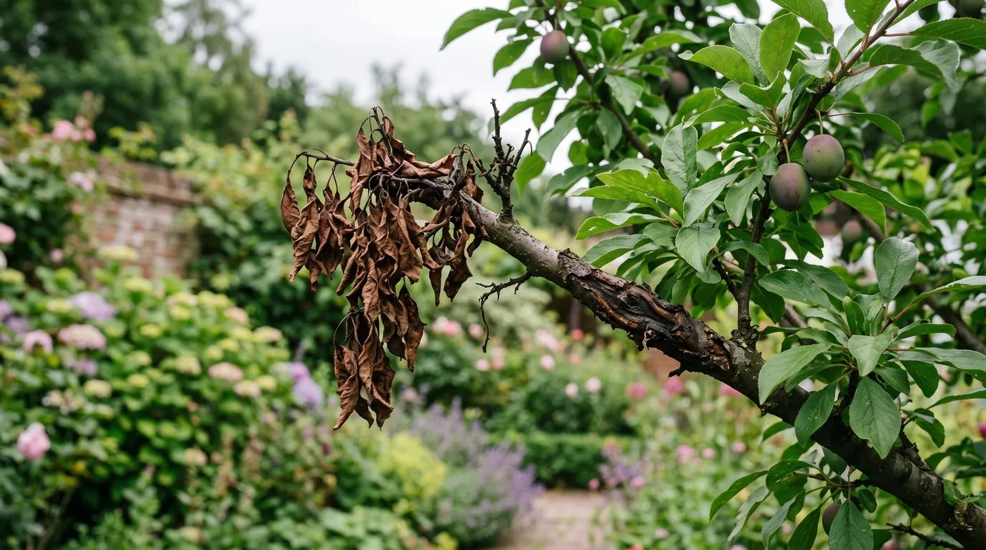 A dying cherry branch with wilting brown leaves in mid-summer contrasting with healthy green growth, a sign of bacterial canker girdling the stem