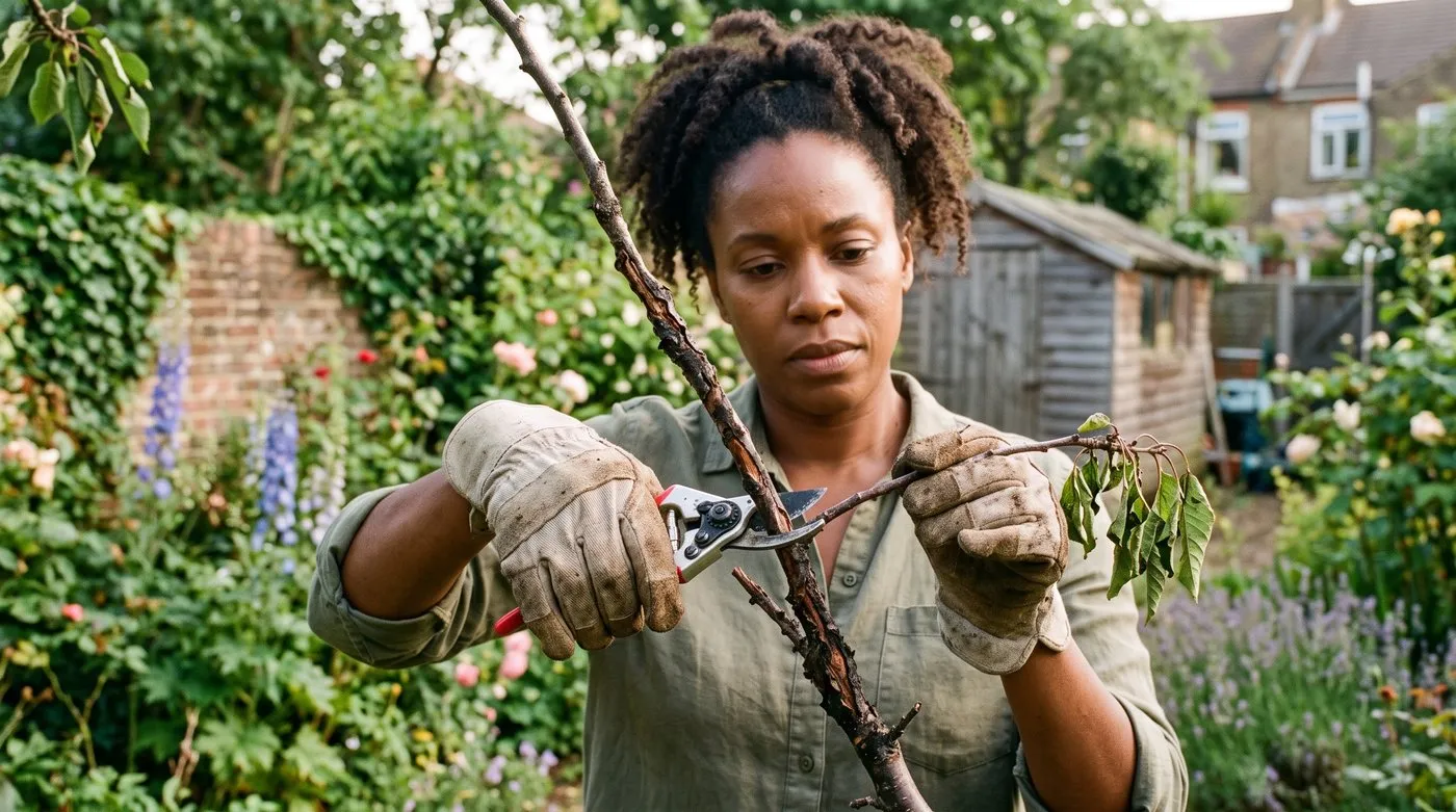 A gardener in gloves pruning out a cankered cherry branch with clean secateurs in summer sunshine