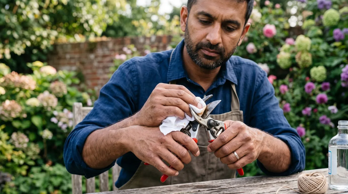 A gardener wiping the blades of secateurs with surgical spirit on a cloth between pruning cuts