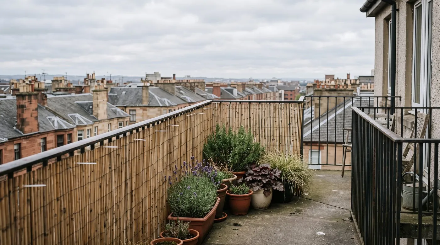 Bamboo screening tied along a high balcony railing sheltering pots of lavender, rosemary and grasses