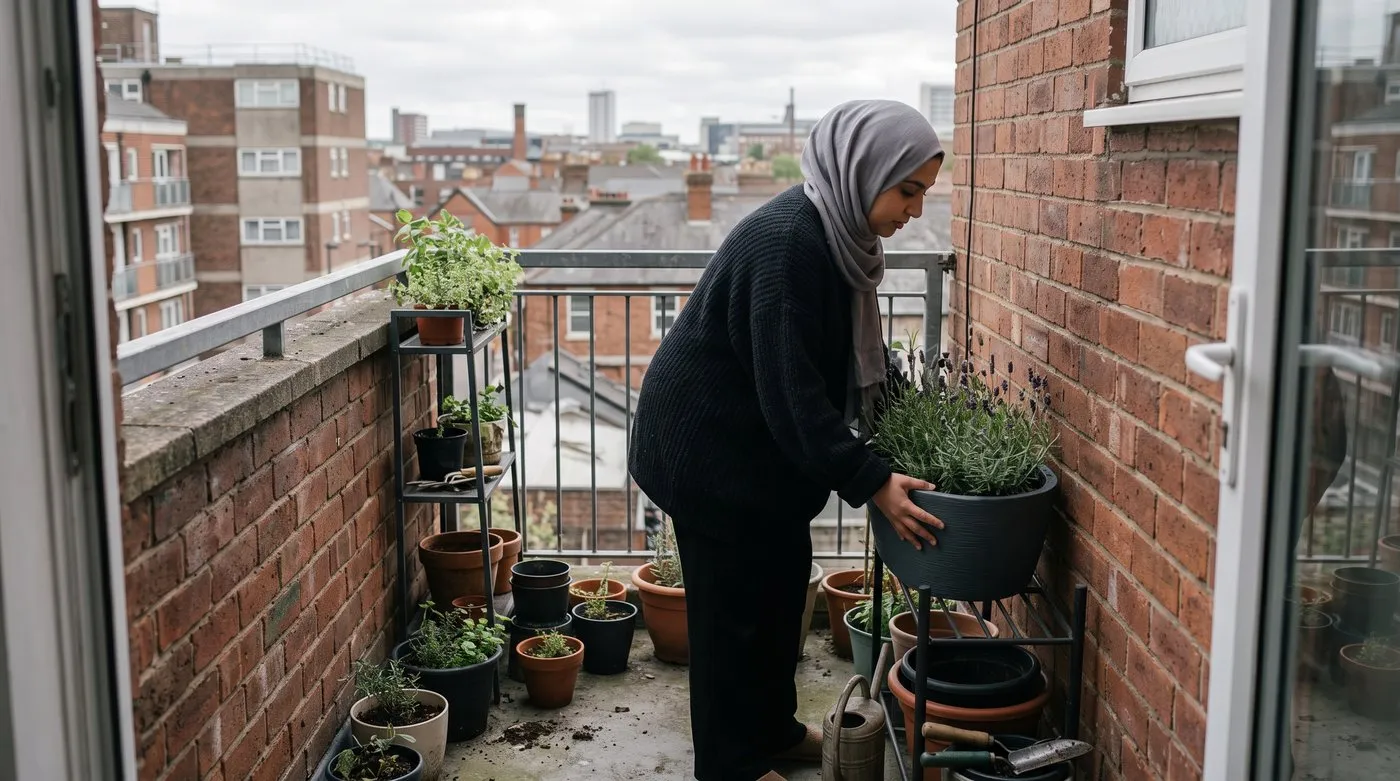 Woman placing a large pot against the building wall on a flat balcony, keeping weight off the outer edge