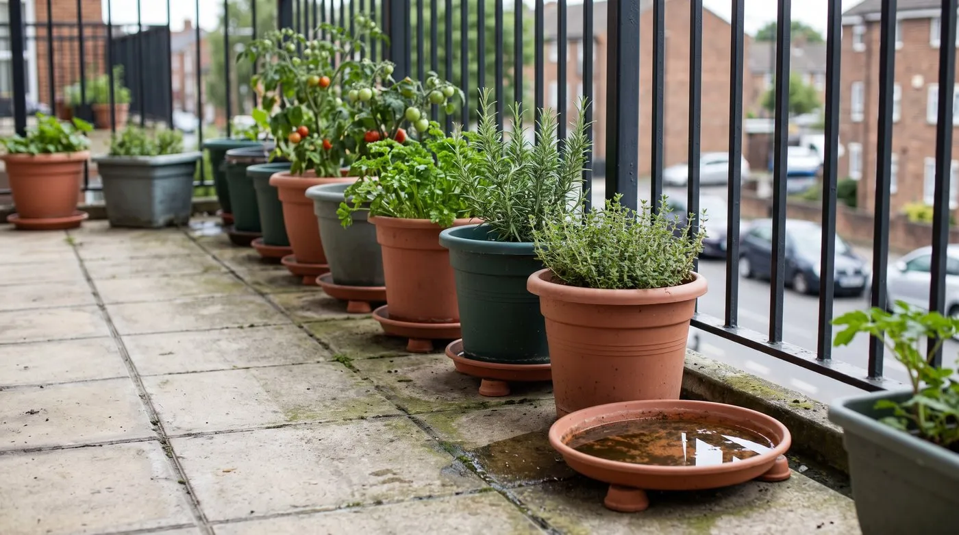 Balcony pots of herbs and tomatoes on pot feet with wide saucers to catch drips for the flat below