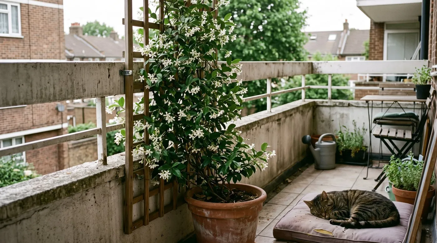 Star jasmine on a trellis inside a balcony railing making a green privacy screen, with a tabby cat dozing nearby