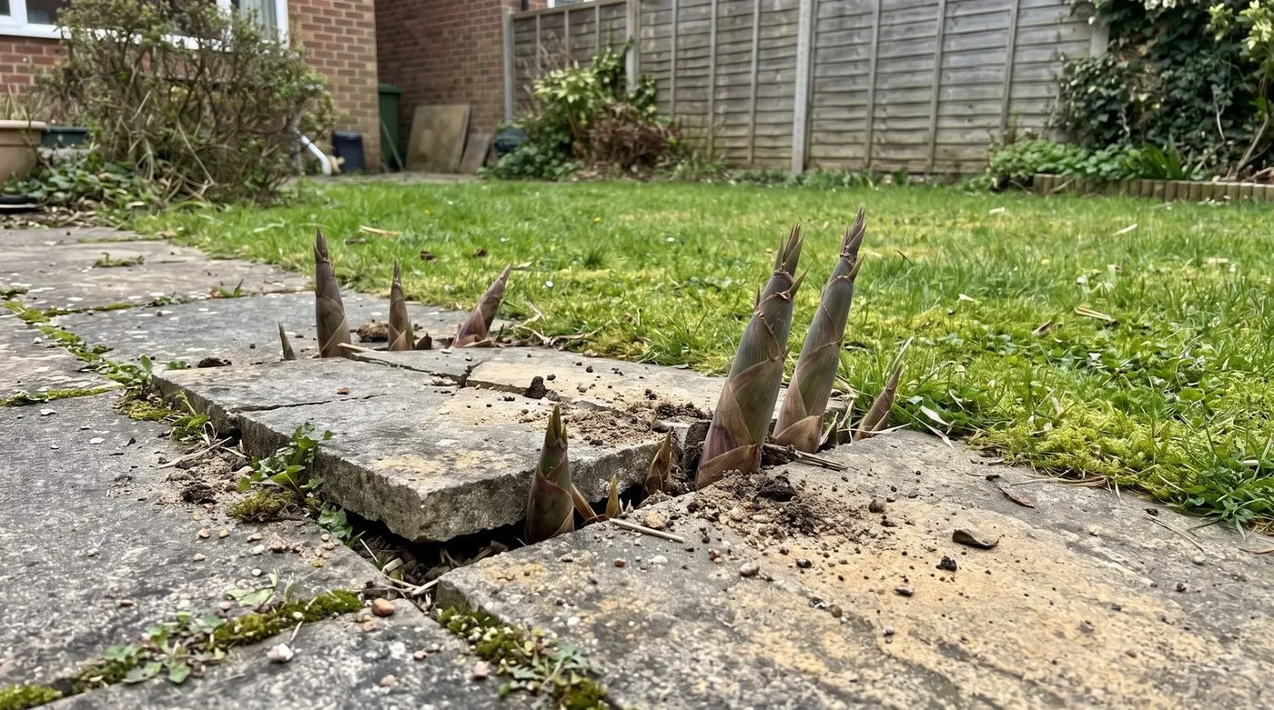 Invasive running Phyllostachys bamboo shoots emerging through cracked patio paving in a UK suburban garden