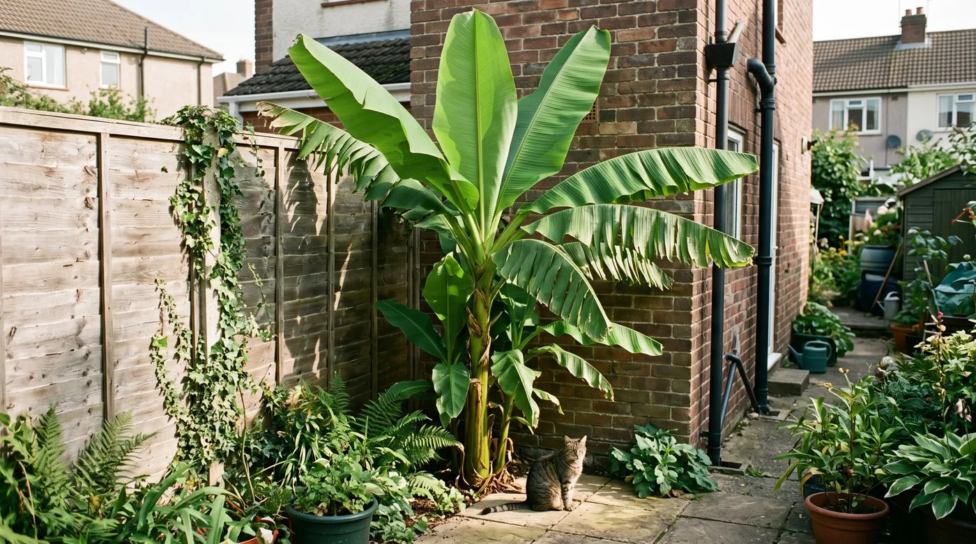 Hardy banana in a fenced garden corner with some outer leaves split into ribbons by wind and a cat on the paving
