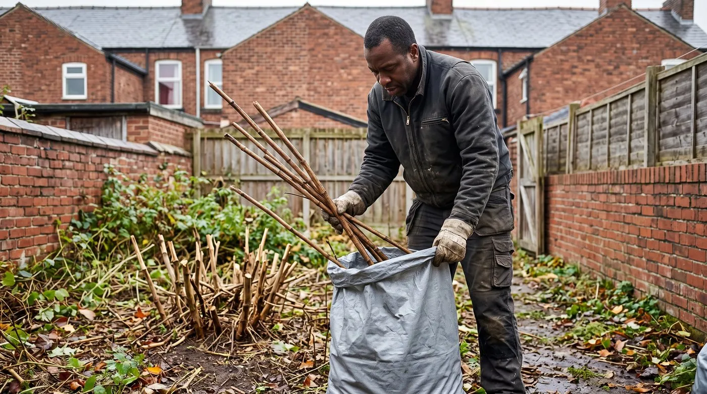 Gardener in gloves bagging dead Japanese knotweed canes into a heavy-duty sack in a back garden
