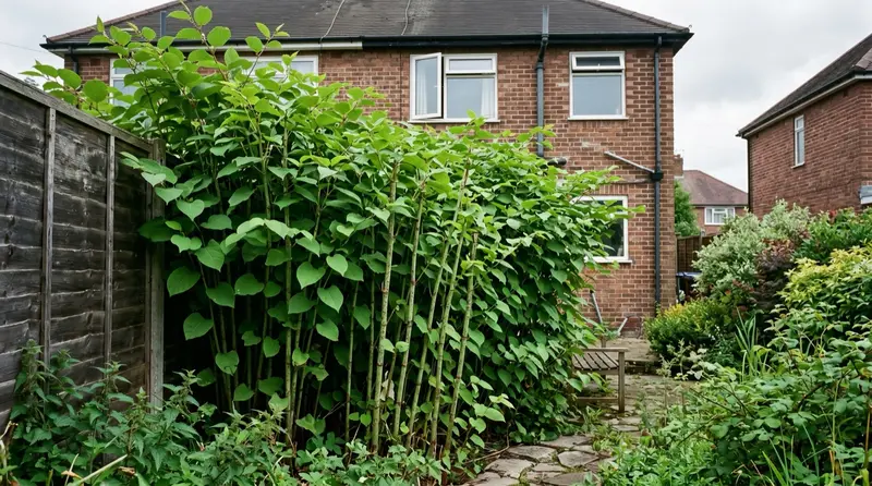 Dense Japanese knotweed stand with bamboo-like canes, one of the most controlled banned plants in UK gardens