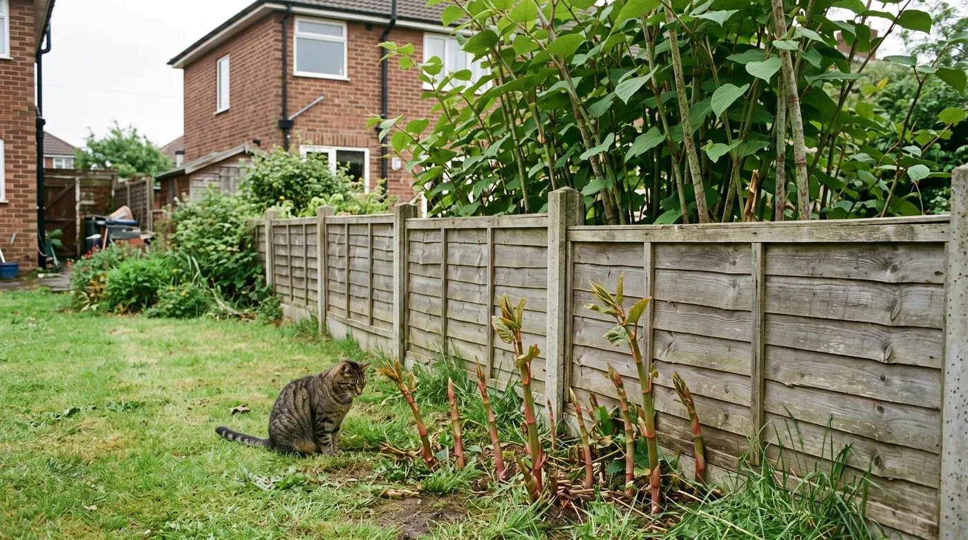 Japanese knotweed shoots coming under a garden fence from a neighbour's knotweed stand, with a tabby cat on the lawn