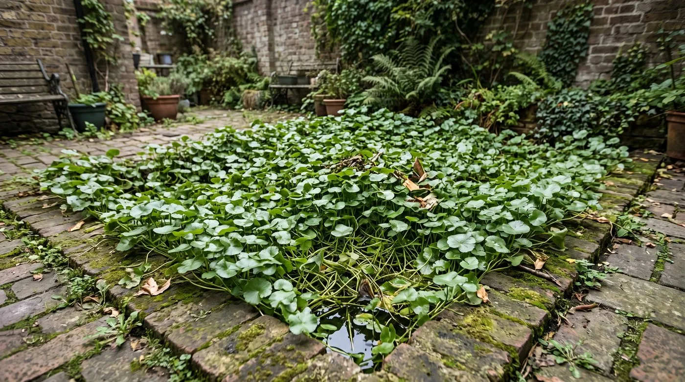Small courtyard garden pond smothered by a dense mat of round, glossy floating pennywort leaves