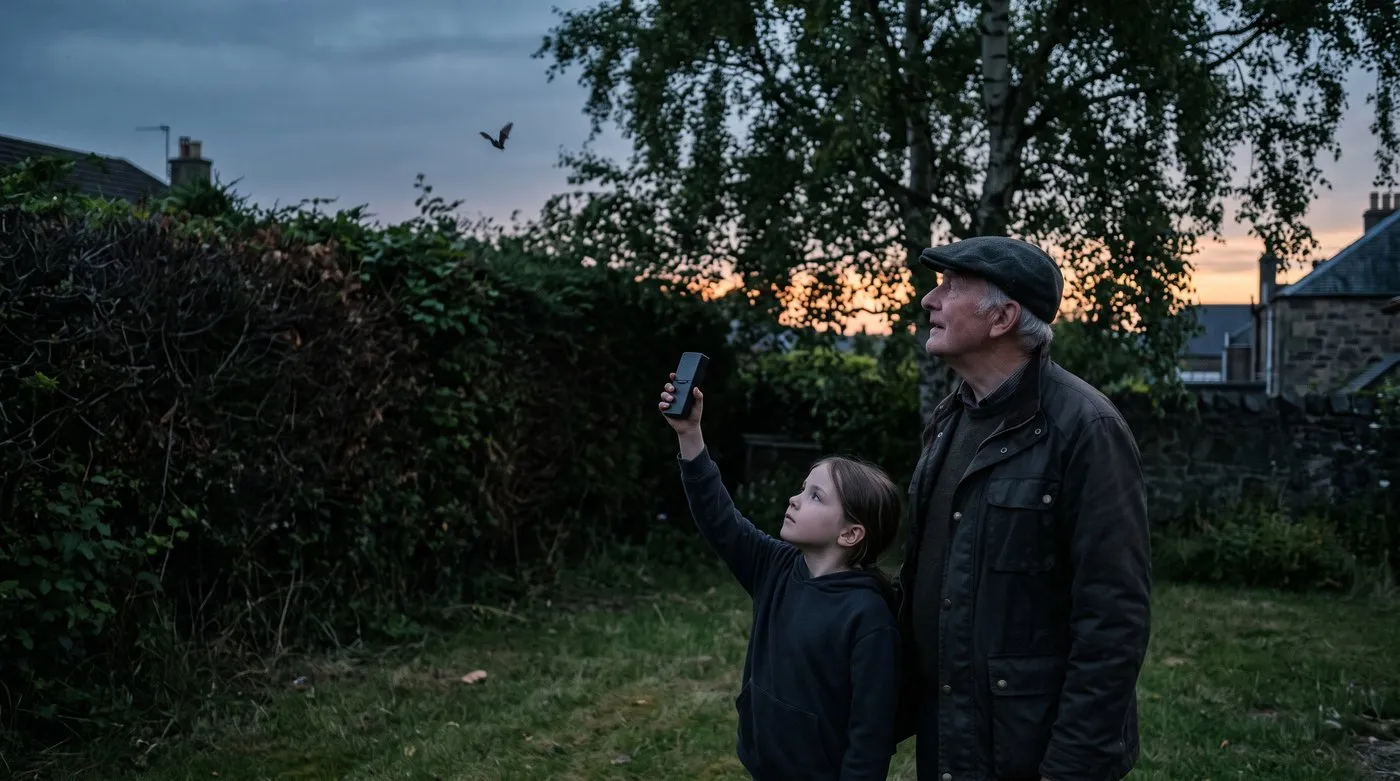 Grandfather and granddaughter listening for bats at dusk with a bat detector in a bat-friendly garden
