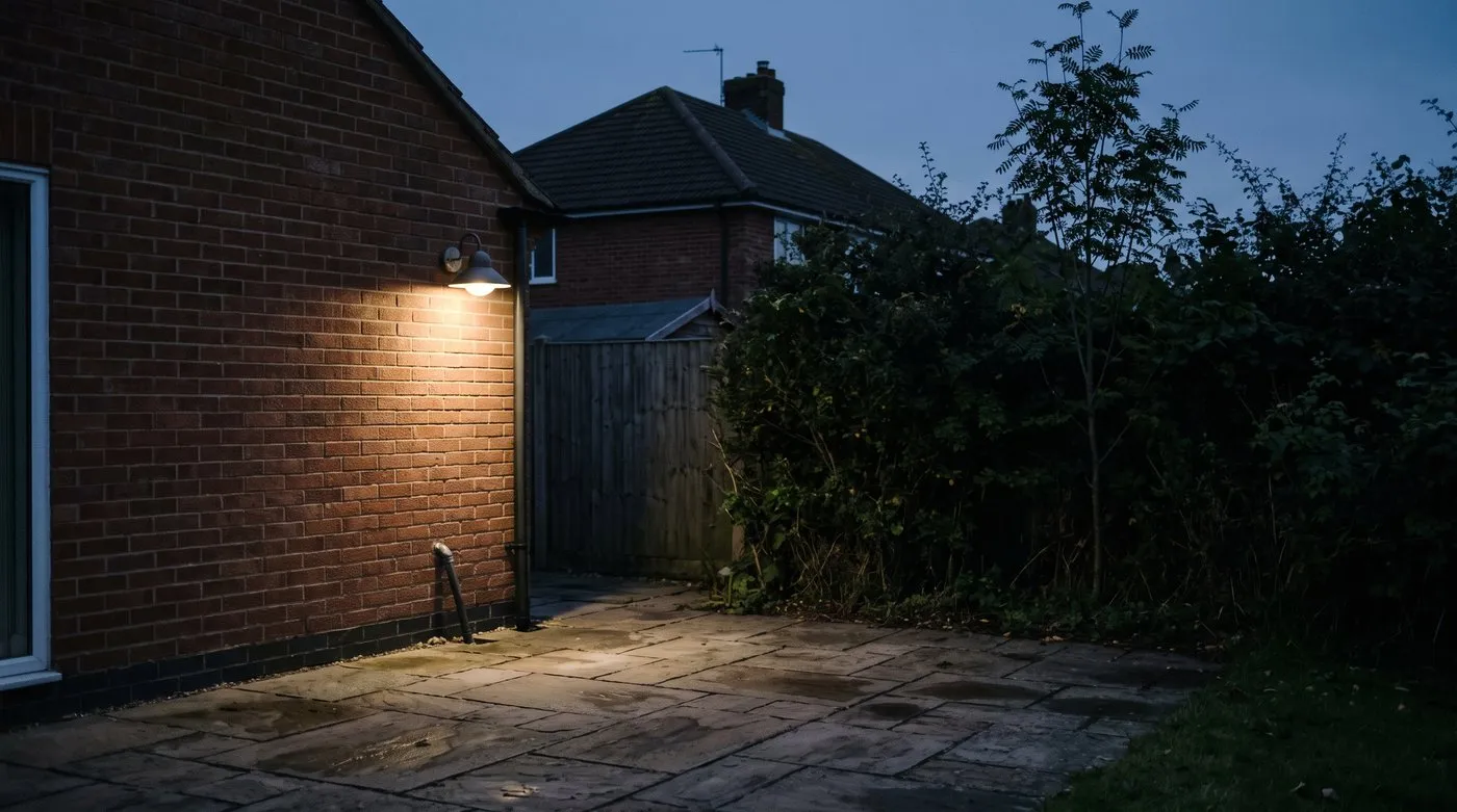 Warm white garden wall light pointing down onto a patio, leaving the hedge dark for bats at dusk