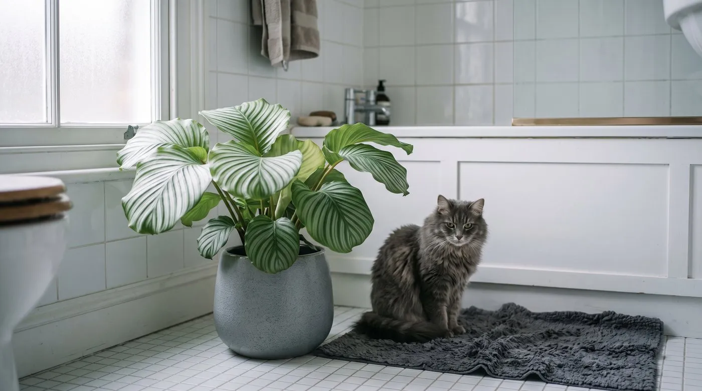 Calathea orbifolia with round striped leaves in a bright bathroom, with a grey cat sitting beside the pot
