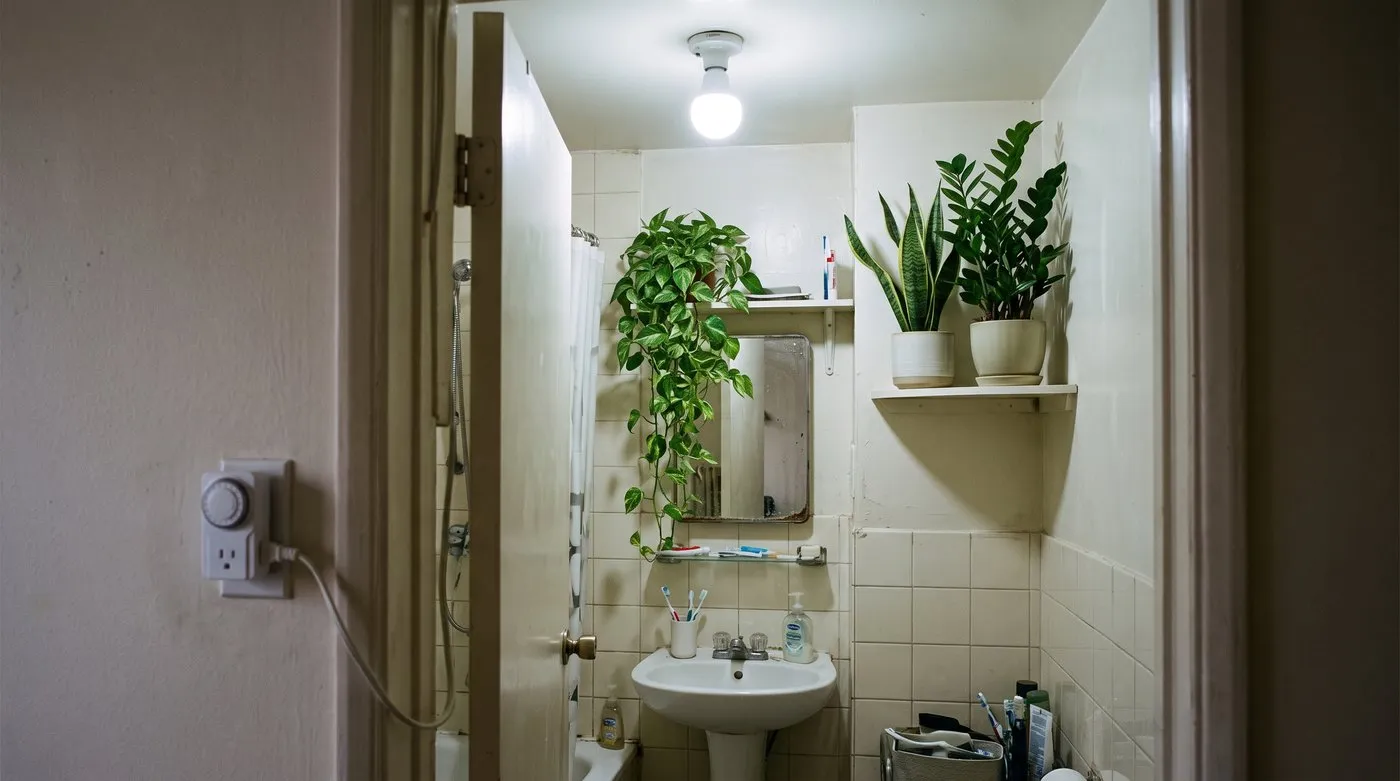 Snake plant, ZZ plant and pothos growing under a white LED grow bulb in a windowless bathroom