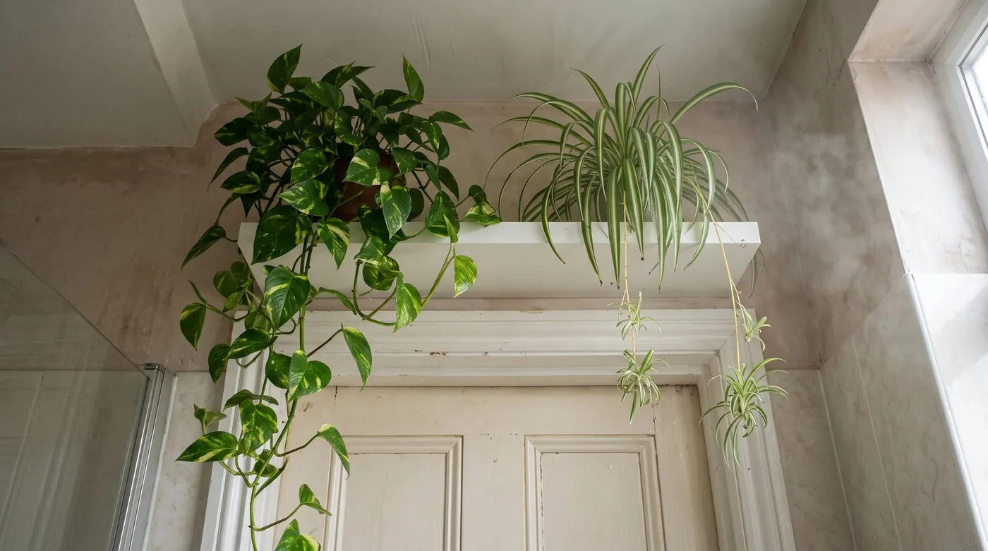 Trailing pothos and spider plant on a slim shelf above a bathroom door, catching the rising steam