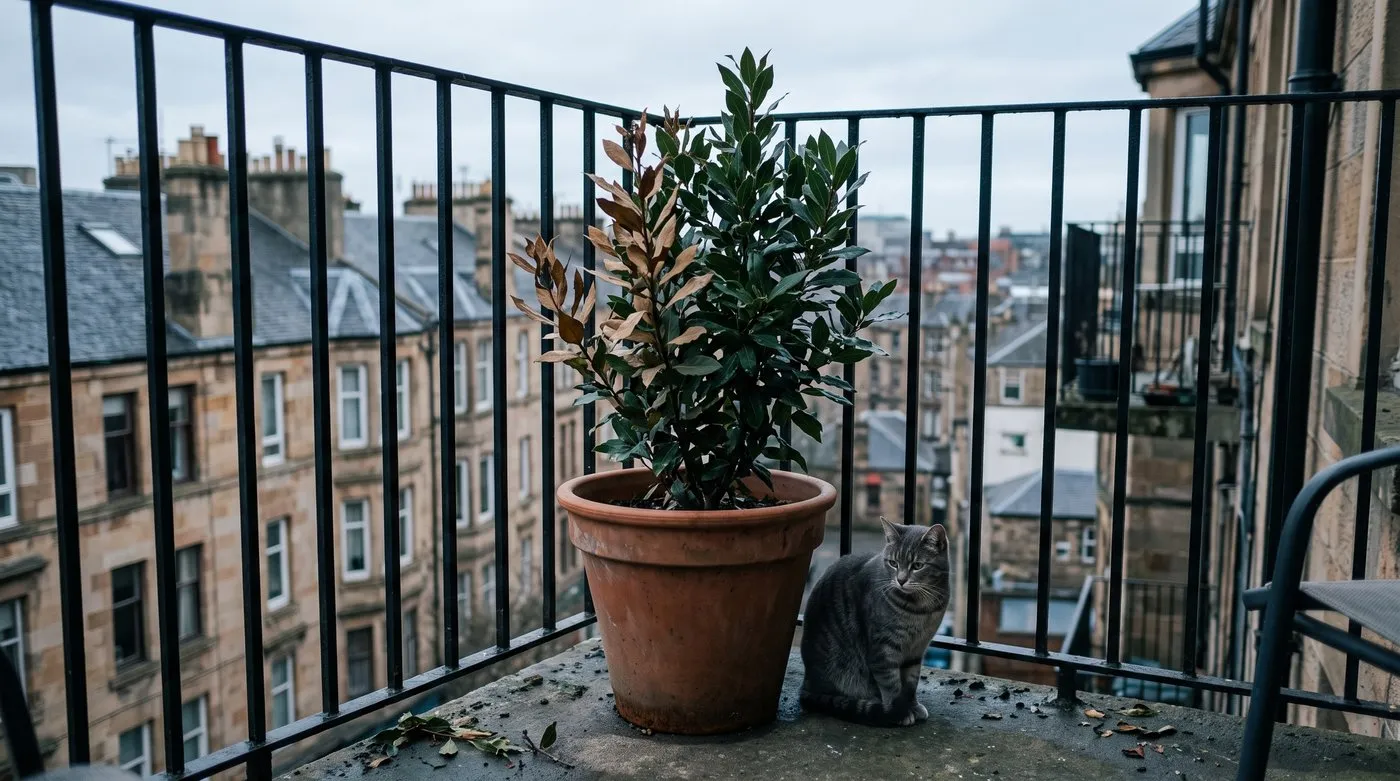 Potted bay on a balcony with flat brown frost-damaged leaves on one side and a cat beside the pot