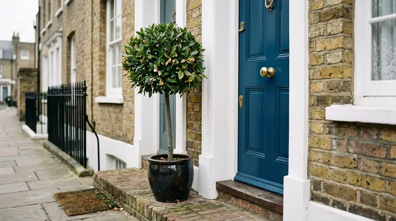 A clipped bay tree in a pot beside a Georgian front door, with curled yellow leaf edges showing bay sucker damage