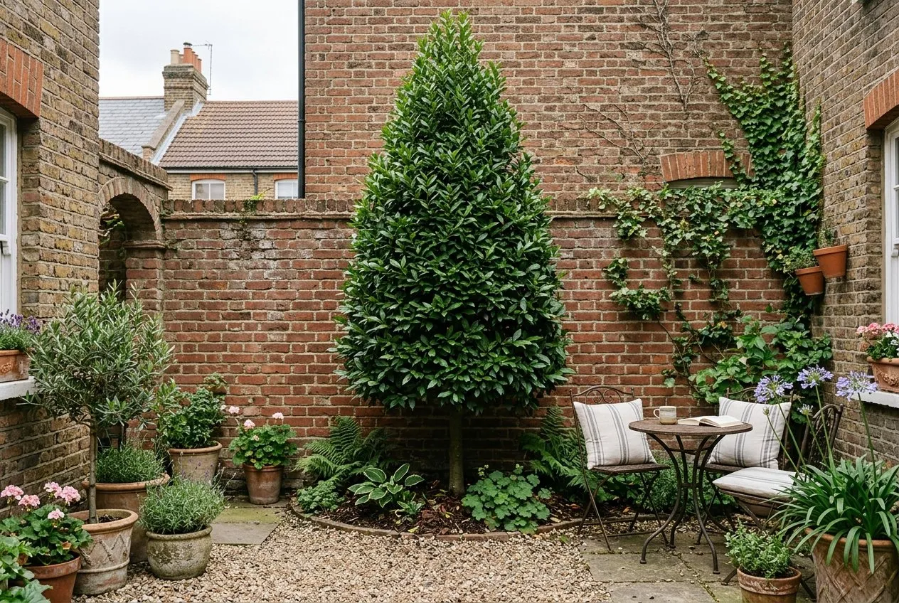 Mature bay tree growing in a sheltered courtyard garden