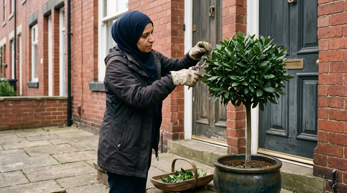 Woman in a hijab trimming a lollipop bay tree with secateurs beside a front door