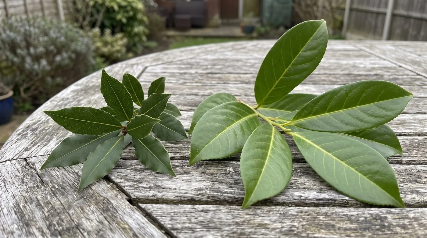 True bay leaves next to larger, shinier cherry laurel leaves on a garden table for comparison