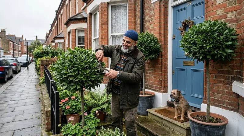 Grow bay trees UK showing clipped standard bay in pot by front door