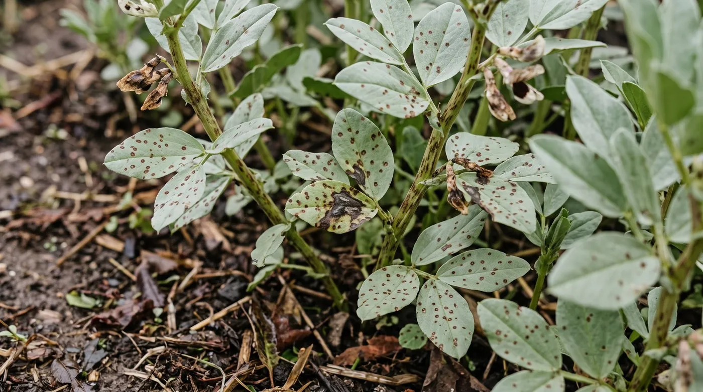 Broad bean leaves covered in small round brown chocolate spot marks, some joining into dark patches